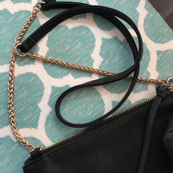 Black Faux Leather Crossbody W/ Fur Puff Charm - Picture 6 of 8